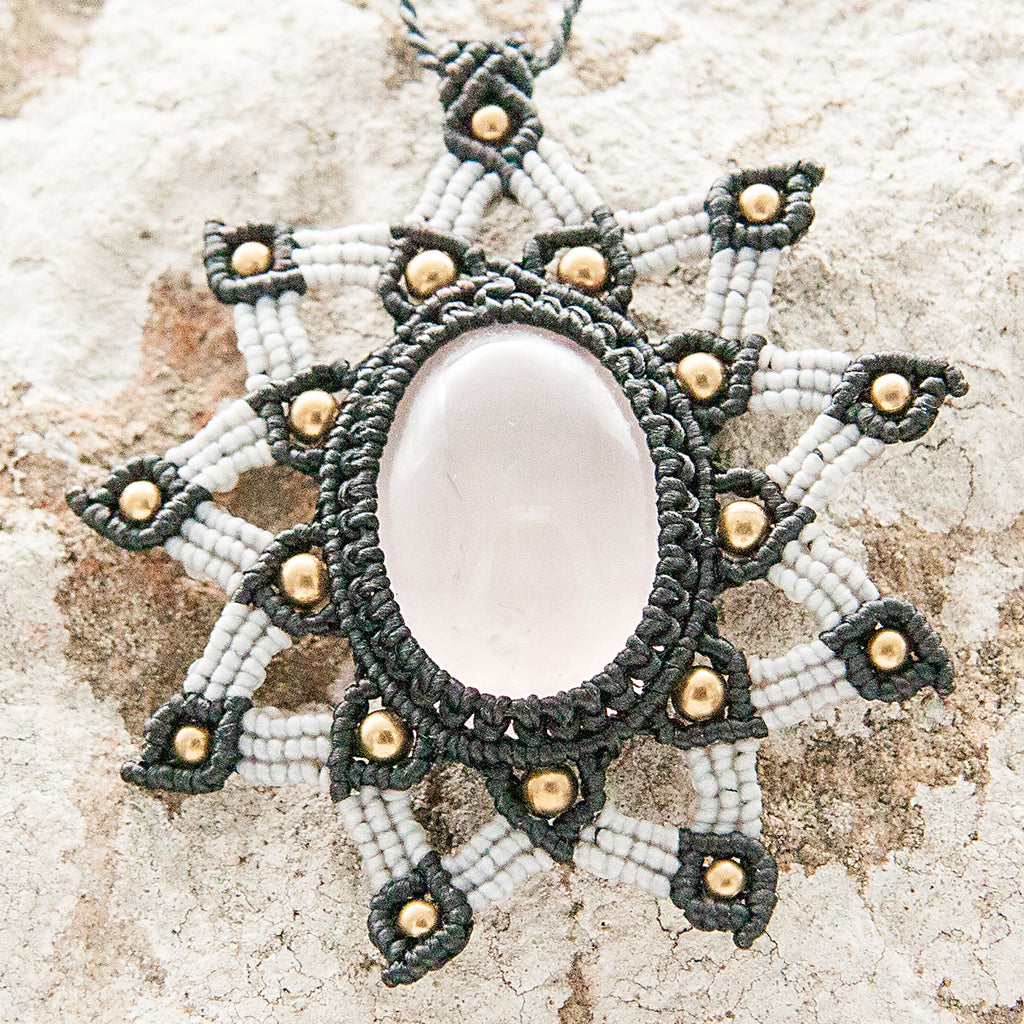 Tara Macrame Pendant necklace with Rose Quartz Gem Stone handmade embroidered artisanal jewellery jewelry front detail