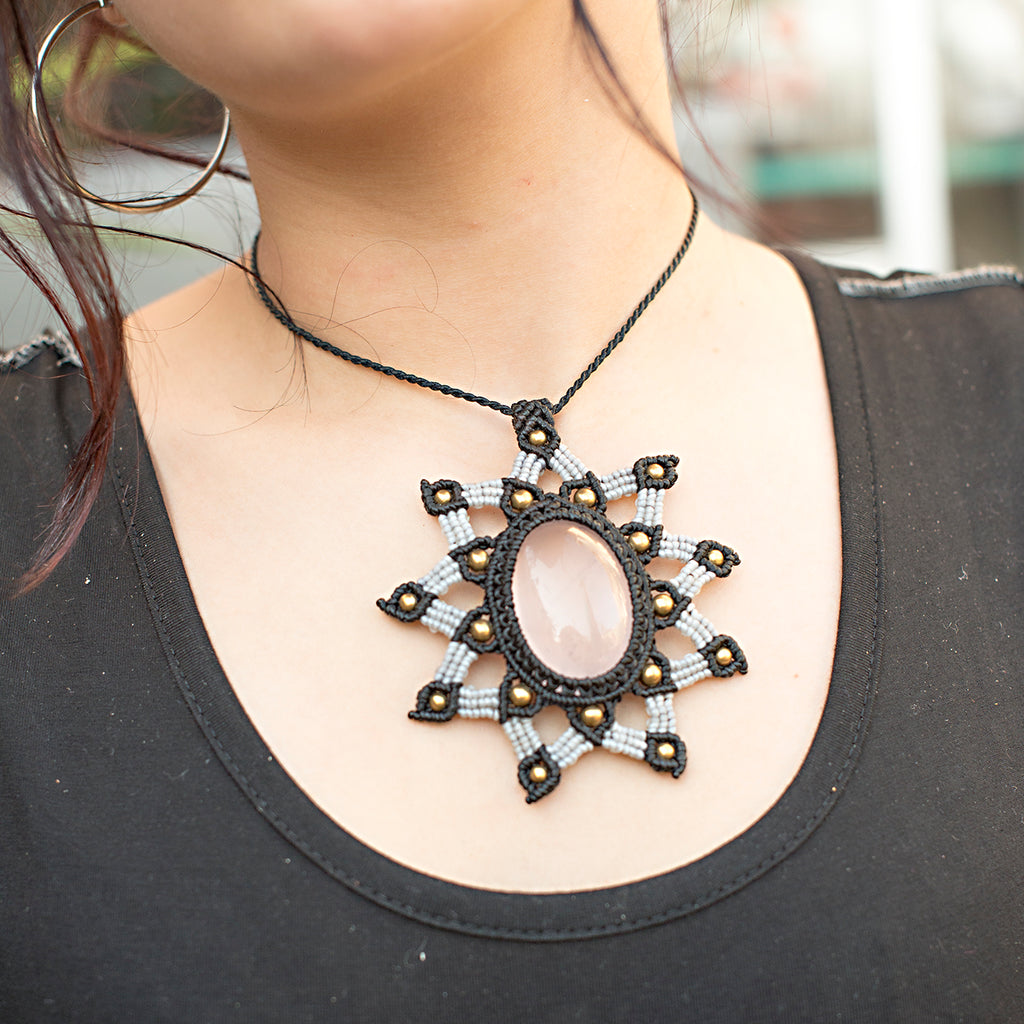 Tara Macrame Pendant necklace with Rose Quartz Gem Stone handmade embroidered artisanal jewellery jewelry front
