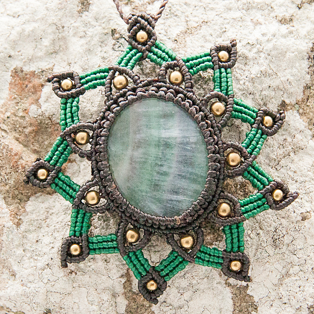 Tara Macrame Pendant necklace with Fluorite Gem Stone handmade embroidered artisanal jewellery jewelry front detail