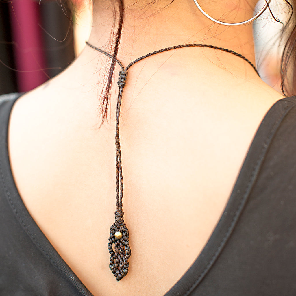 Tara Macrame Pendant necklace with Azurite Malachite Gem Stone handmade embroidered artisanal jewellery jewelry back