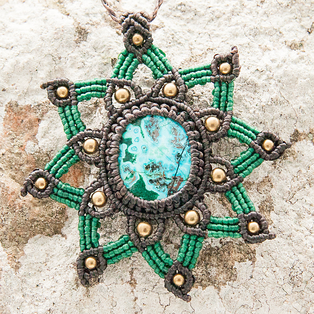 Tara Macrame Pendant necklace with Azurite Malachite Gem Stone handmade embroidered artisanal jewellery jewelry front detail