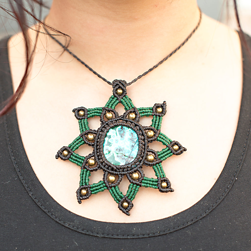 Tara Macrame Pendant necklace with Azurite Malachite Gem Stone handmade embroidered artisanal jewellery jewelry front