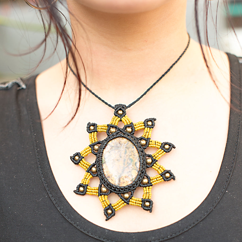 Tara Macrame Pendant necklace with Jasper Gem Stone handmade embroidered artisanal jewellery jewelry front