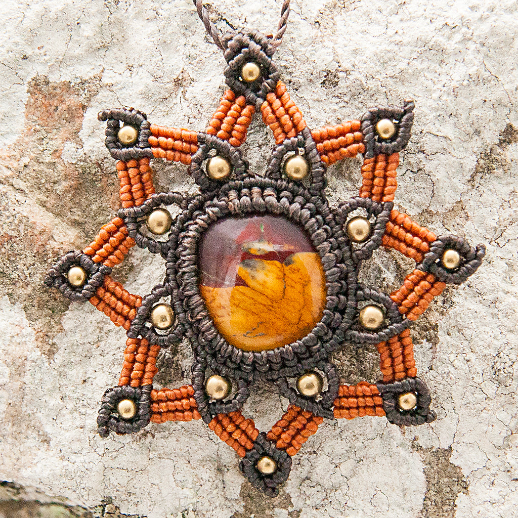 Tara Macrame Pendant necklace with Mookaite Gem Stone handmade embroidered artisanal jewellery jewelry front detail