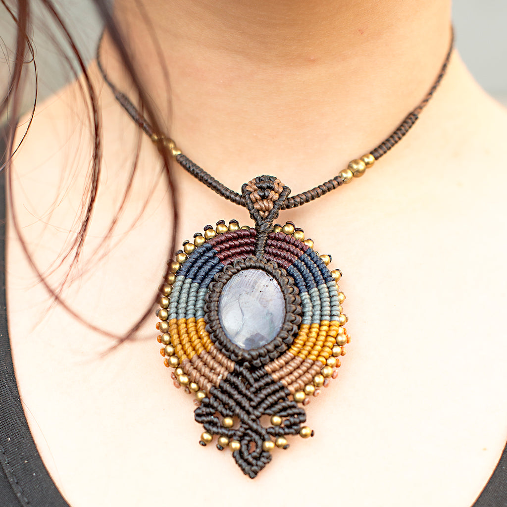 Mayura Macrame Pendant necklace with Star Ruby Gem Stone handmade embroidered artisanal jewellery jewelry front