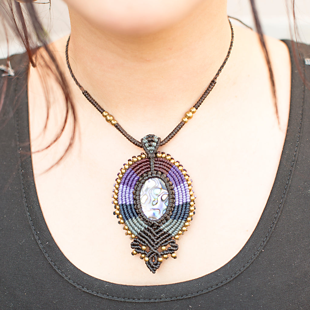 Mayura Macrame Pendant necklace with Paua Shell handmade embroidered artisanal jewellery jewelry front
