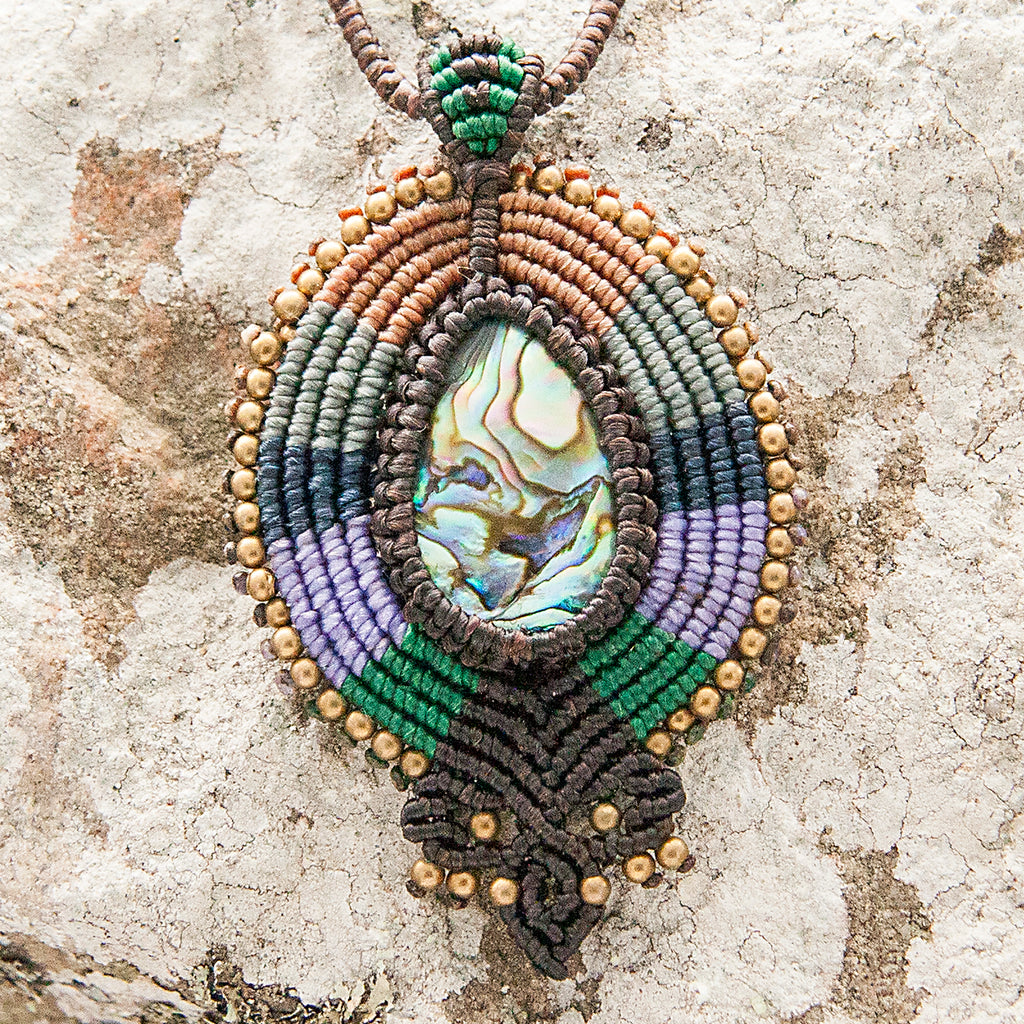 Mayura Macrame Pendant necklace with Paua Shell handmade embroidered artisanal jewellery jewelry front detail