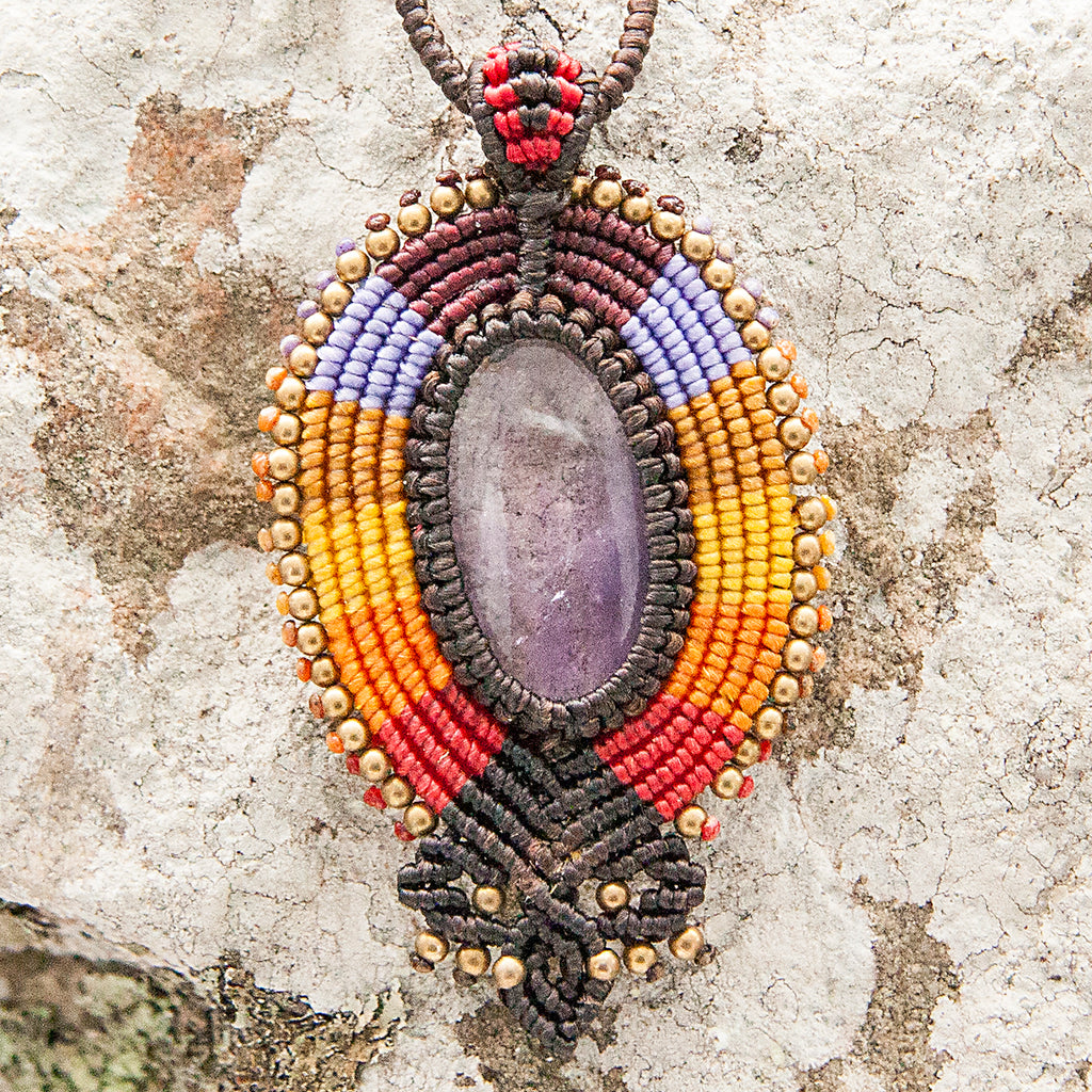 Mayura Macrame Pendant necklace with Amethyst Gem Stone handmade embroidered artisanal jewellery jewelry front detail