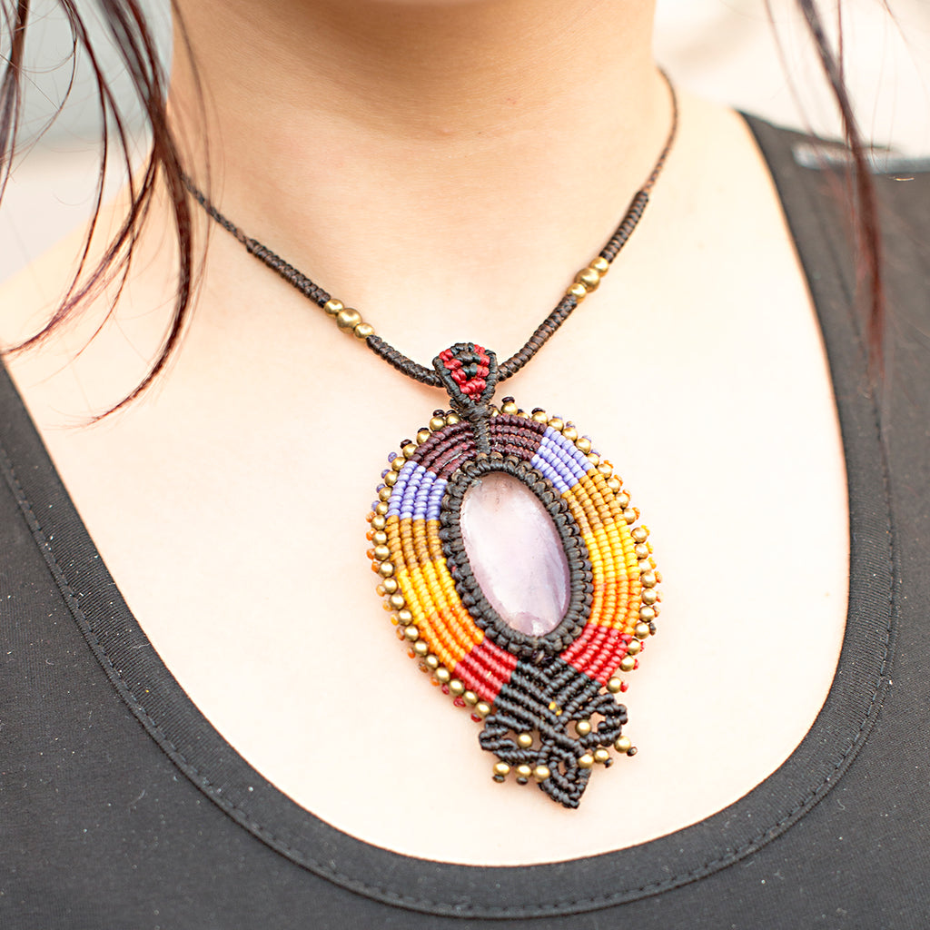 Mayura Macrame Pendant necklace with Amethyst Gem Stone handmade embroidered artisanal jewellery jewelry front