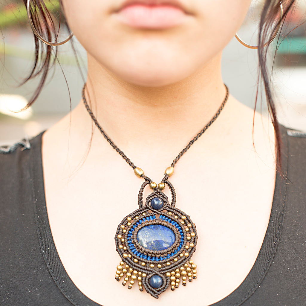 Ajna Macrame Pendant necklace with Lapis Lazuli Gem Stone handmade embroidered artisanal jewellery jewelry front