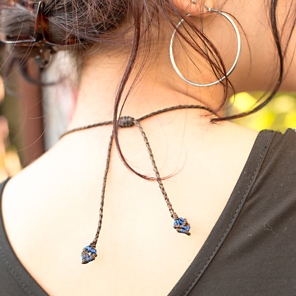 Ajna Macrame Pendant necklace with Lapis Lazuli Gem Stone handmade embroidered artisanal jewellery jewelry back