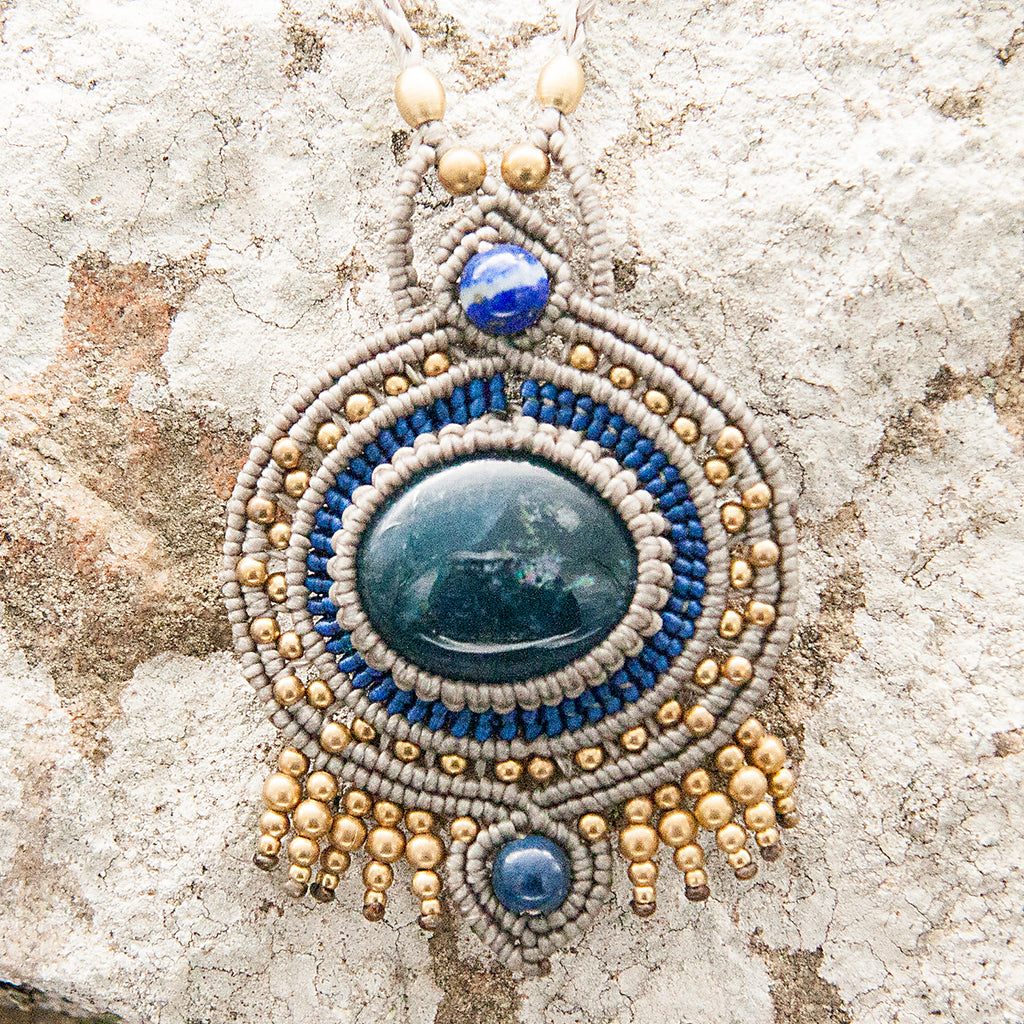 Ajna Macrame Pendant necklace with Kyanite Gem Stone handmade embroidered artisanal jewellery jewelry front detail