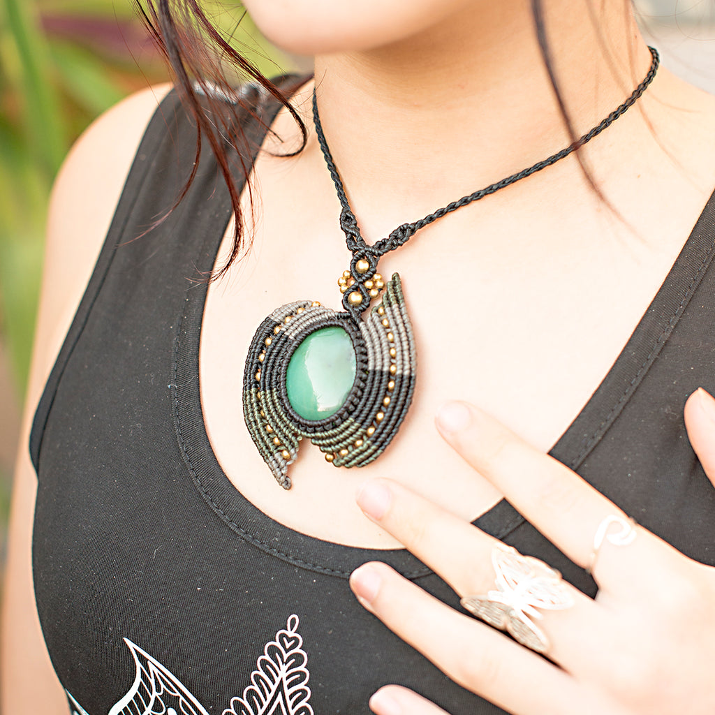 Nagini Macrame Pendant necklace with Chrysoprase Gem Stone handmade embroidered artisanal jewellery jewelry front