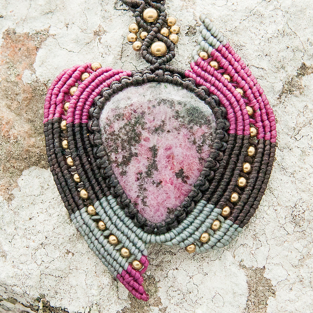 Nagini Macrame Pendant necklace with Rhodonite Gem Stone handmade embroidered artisanal jewellery jewelry front close up