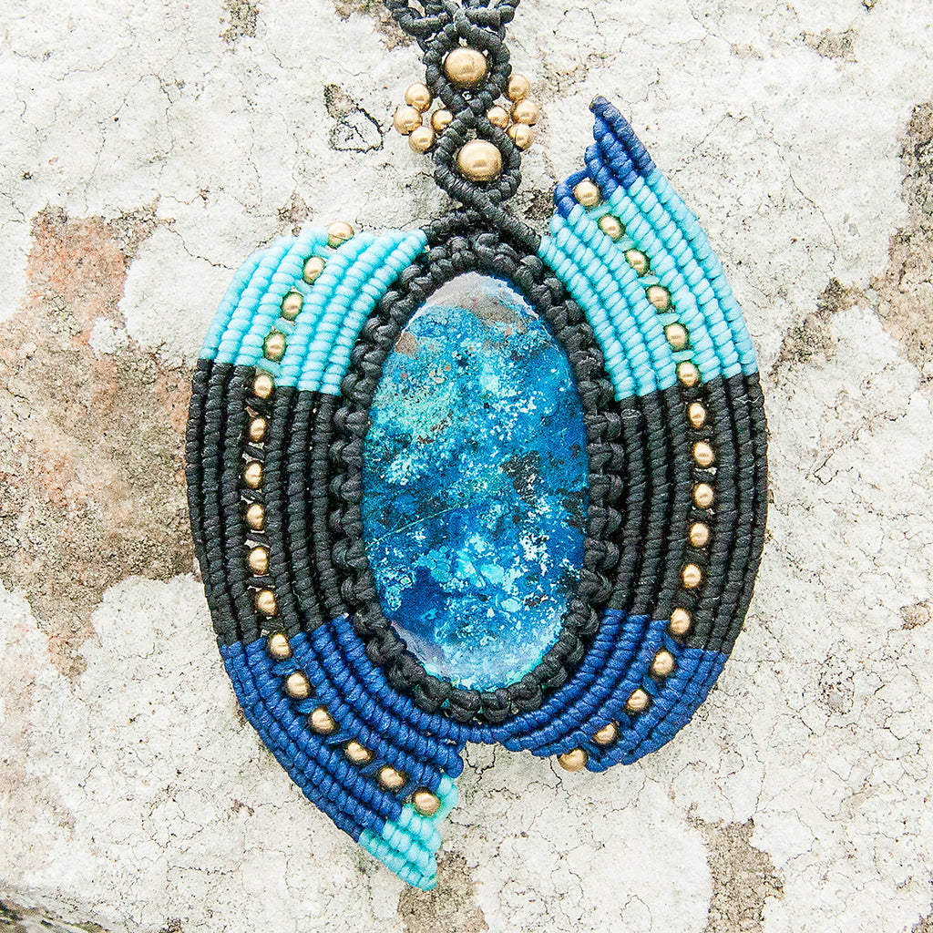 Nagini Macrame Pendant necklace with Azurite Gem Stone handmade embroidered artisanal jewellery jewelry front close up