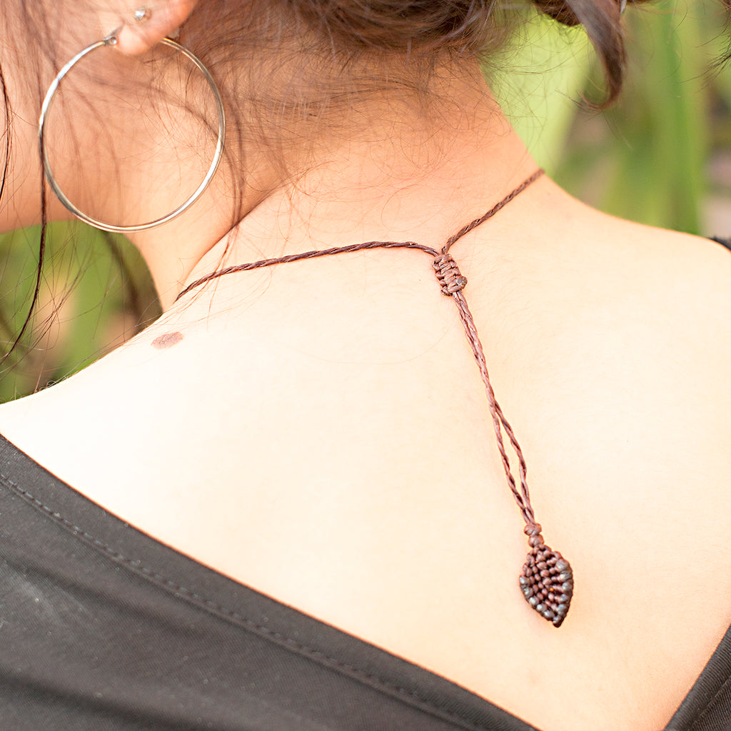 Oasis Macrame Pendant necklace with Malachite Gem Stone handmade embroidered artisanal jewellery jewelry back