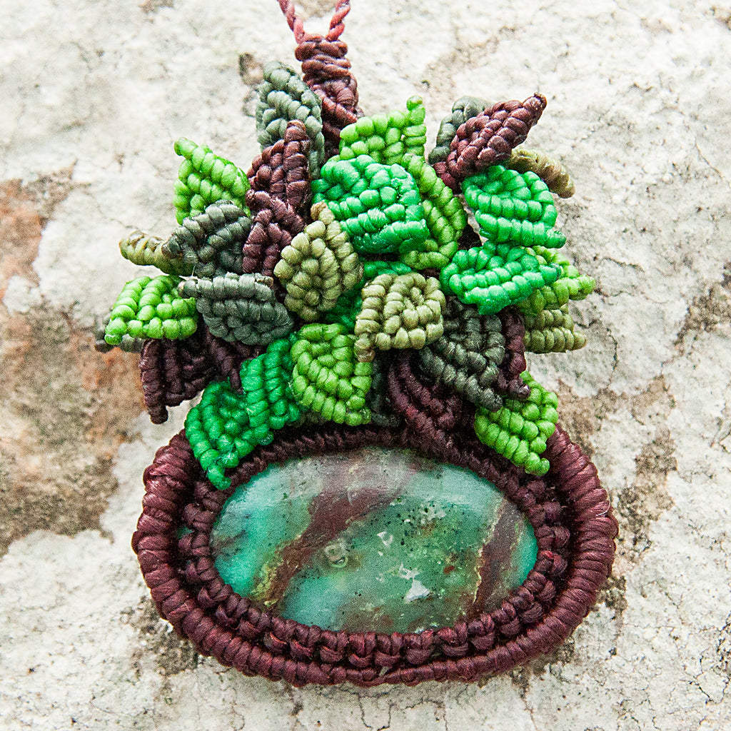 Oasis Macrame Pendant necklace with Chrysoprase Gem Stone handmade embroidered artisanal jewellery jewelry front close up