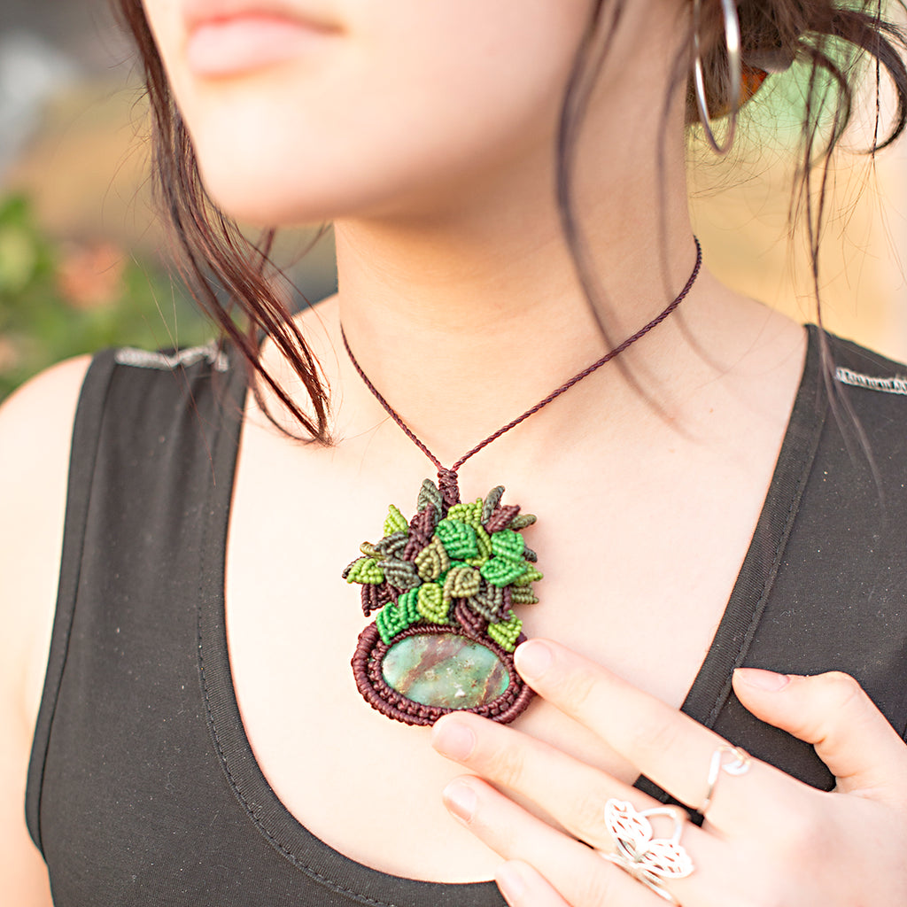 Oasis Macrame Pendant necklace with Chrysoprase Gem Stone handmade embroidered artisanal jewellery jewelry front