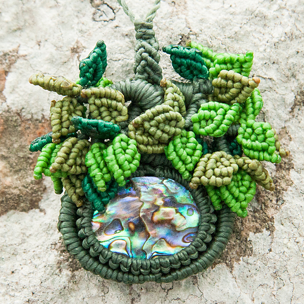 Oasis Macrame Pendant necklace with Paua Shell handmade embroidered artisanal jewellery jewelry front close up