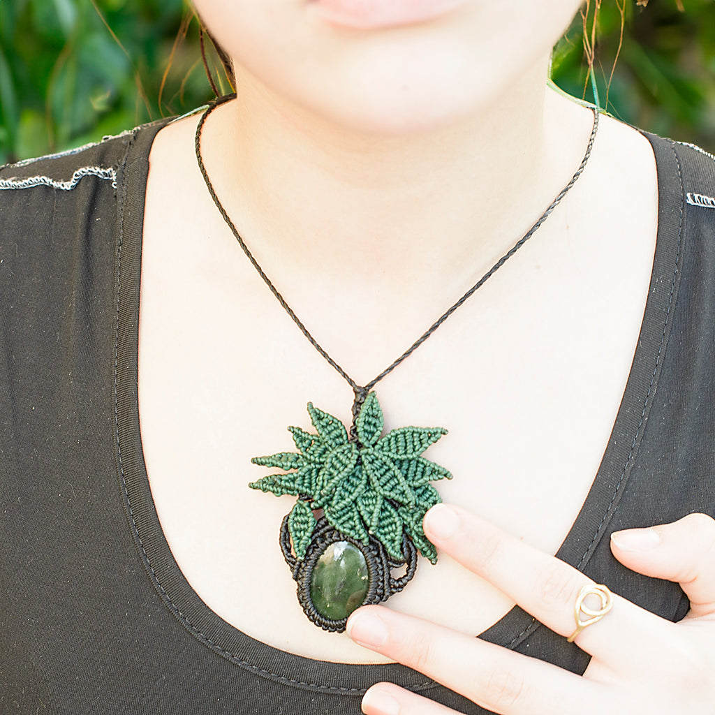 Oasis Macrame Pendant necklace with Nephrite Jade Gem Stone handmade embroidered artisanal jewellery jewelry front