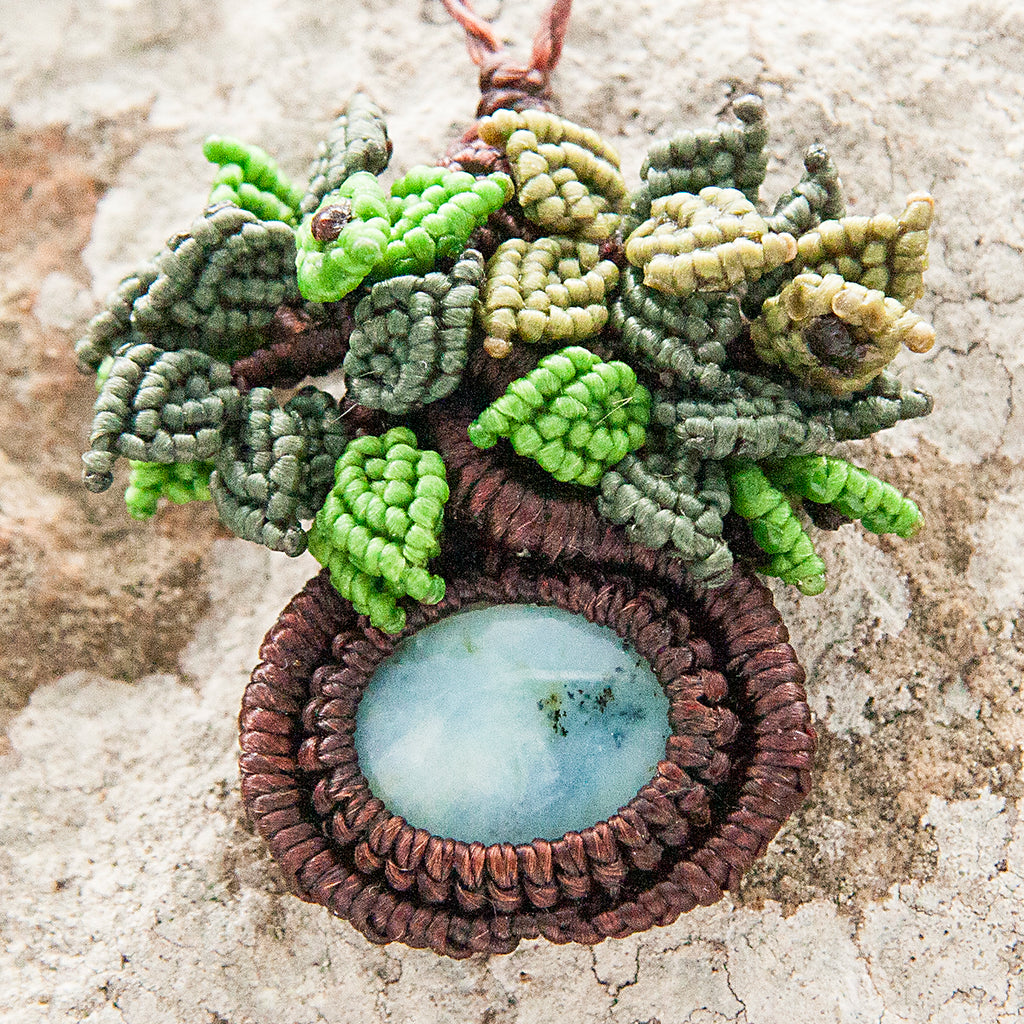 Oasis Macrame Pendant necklace with Cloudy Blue Gem Stone handmade embroidered artisanal jewellery jewelry front close up