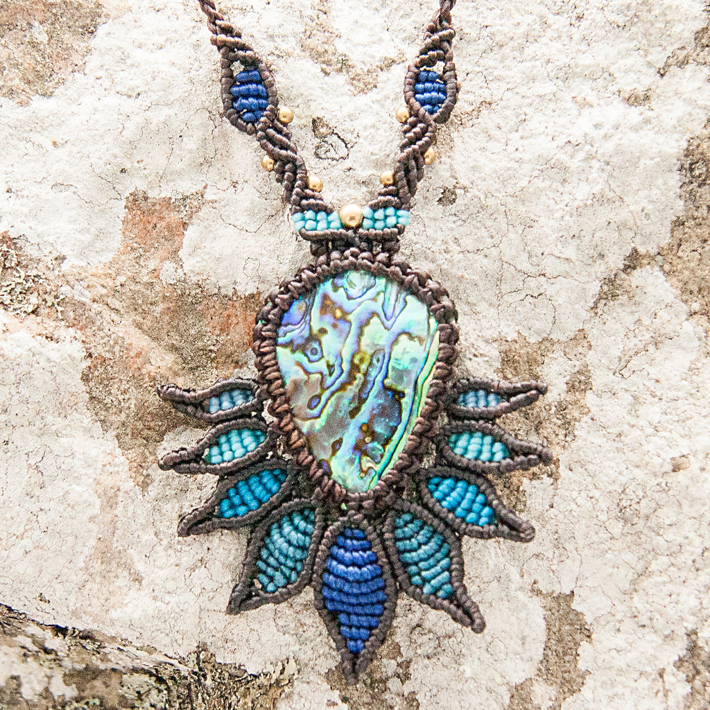 Akasha Macrame Pendant necklace with Paua Shell handmade embroidered artisanal jewellery jewelry front close up