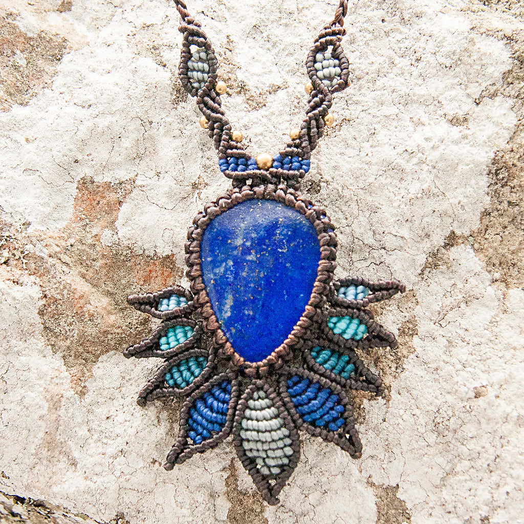 Akasha Macrame Pendant necklace with Lapis Lazuli Gem Stone handmade embroidered artisanal jewellery jewelry front close up