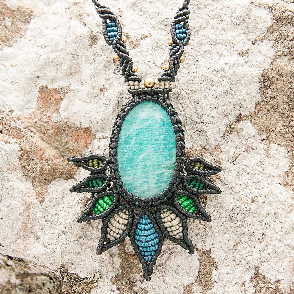 Akasha Macrame Pendant necklace with Amazonite Gem Stone handmade embroidered artisanal jewellery jewelry front close up