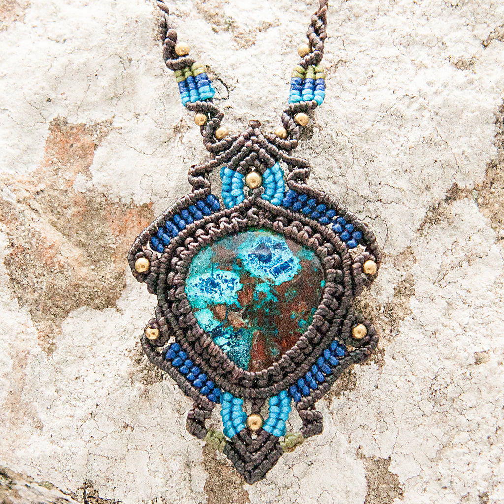 Rani Brown Macrame Pendant necklace with Azurite Gem Stone handmade embroidered artisanal jewellery jewelry front close up