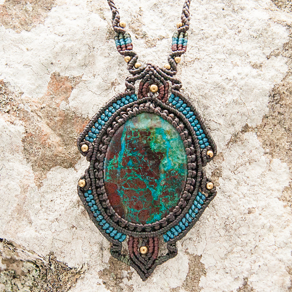 Rani Macrame Pendant necklace with Chrysocolla Gem Stone handmade embroidered artisanal jewellery jewelry front close up