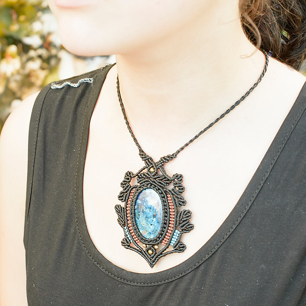 Rani Black Macrame Pendant necklace with Azurite Gem Stone handmade embroidered artisanal jewellery jewelry front