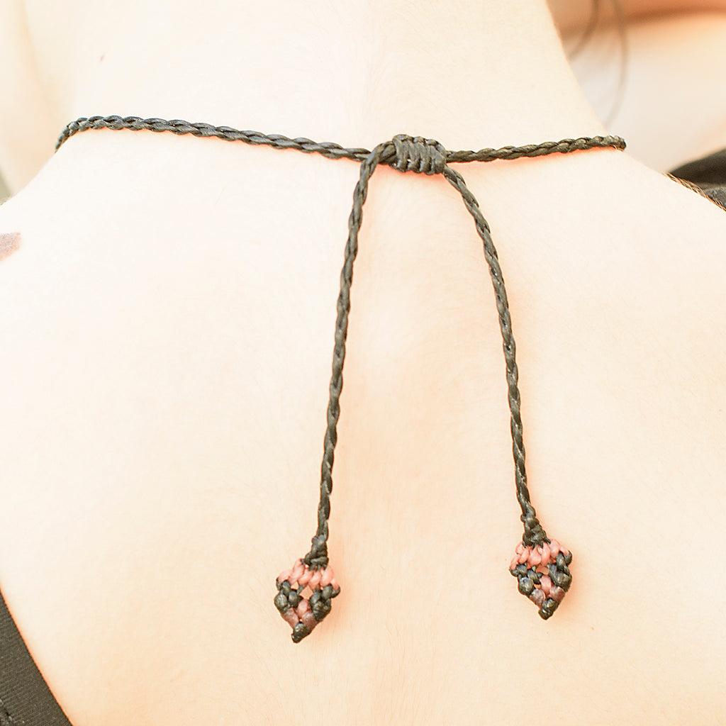 Rani Black Macrame Pendant necklace with Azurite Gem Stone handmade embroidered artisanal jewellery jewelry back ties