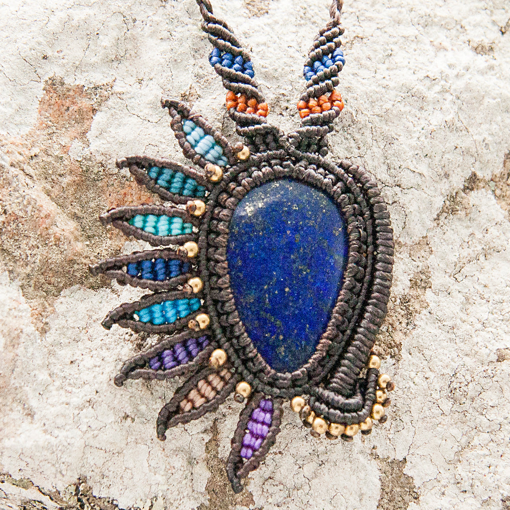 Shankha Macrame Pendant necklace with Lapis Lazuli Gem Stone handmade embroidered artisanal jewellery jewelry front close up