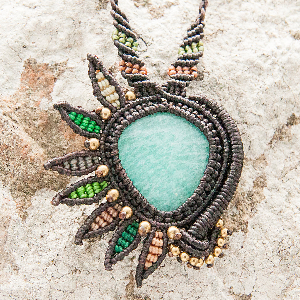 Shankha Macrame Pendant necklace with Amazonite Gem Stone handmade embroidered artisanal jewellery jewelry front close up