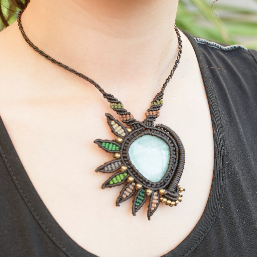 Shankha Macrame Pendant necklace with Amazonite Gem Stone handmade embroidered artisanal jewellery jewelry front