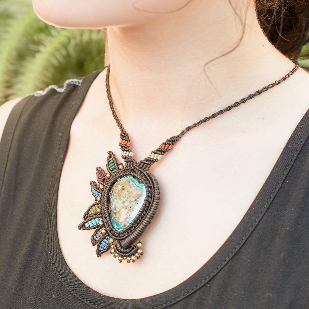 Shankha Macrame Pendant necklace with Chrysocolla Gem Stone handmade embroidered artisanal jewellery jewelry front