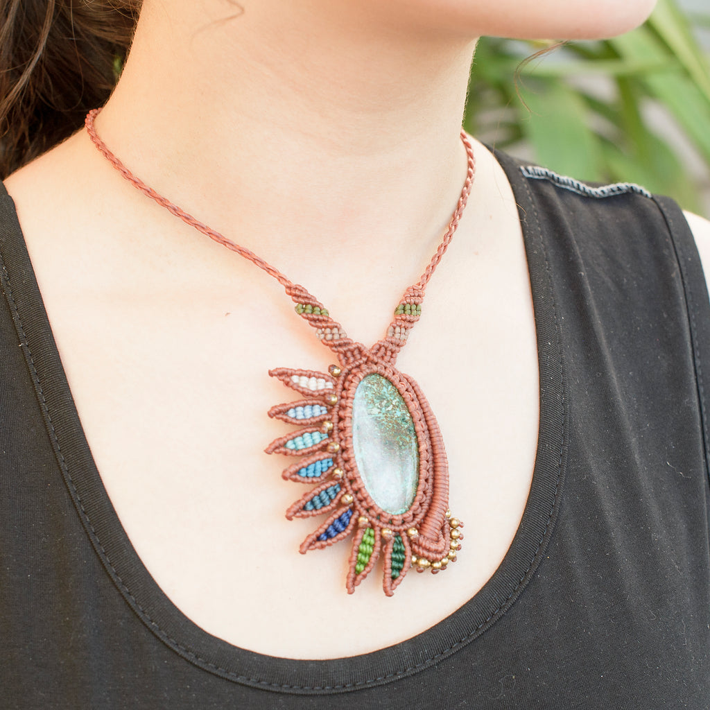 Shankha Macrame Pendant necklace with Chrysocolla Gem Stone handmade embroidered artisanal jewellery jewelry front