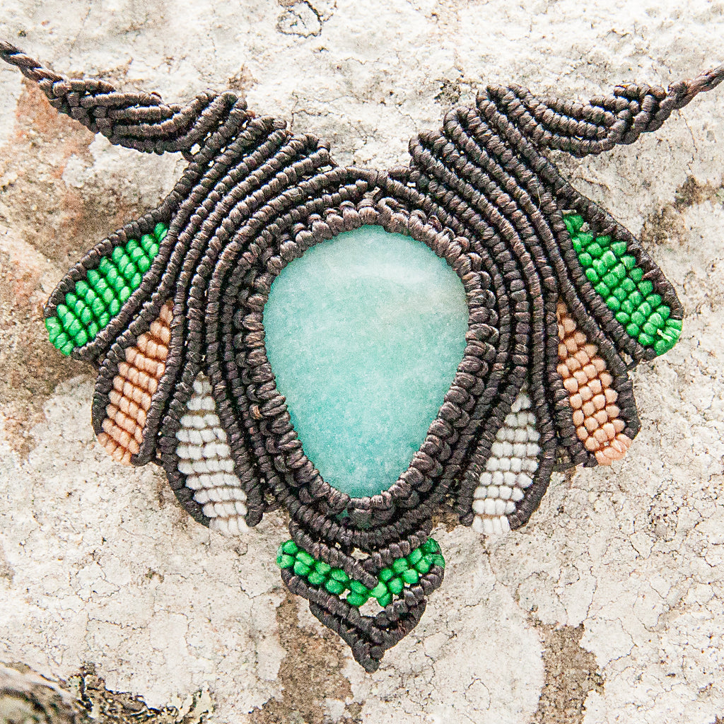 Vishuddha Macrame Pendant necklace with Amazonite Gem Stone handmade embroidered artisanal jewellery jewelry front close up