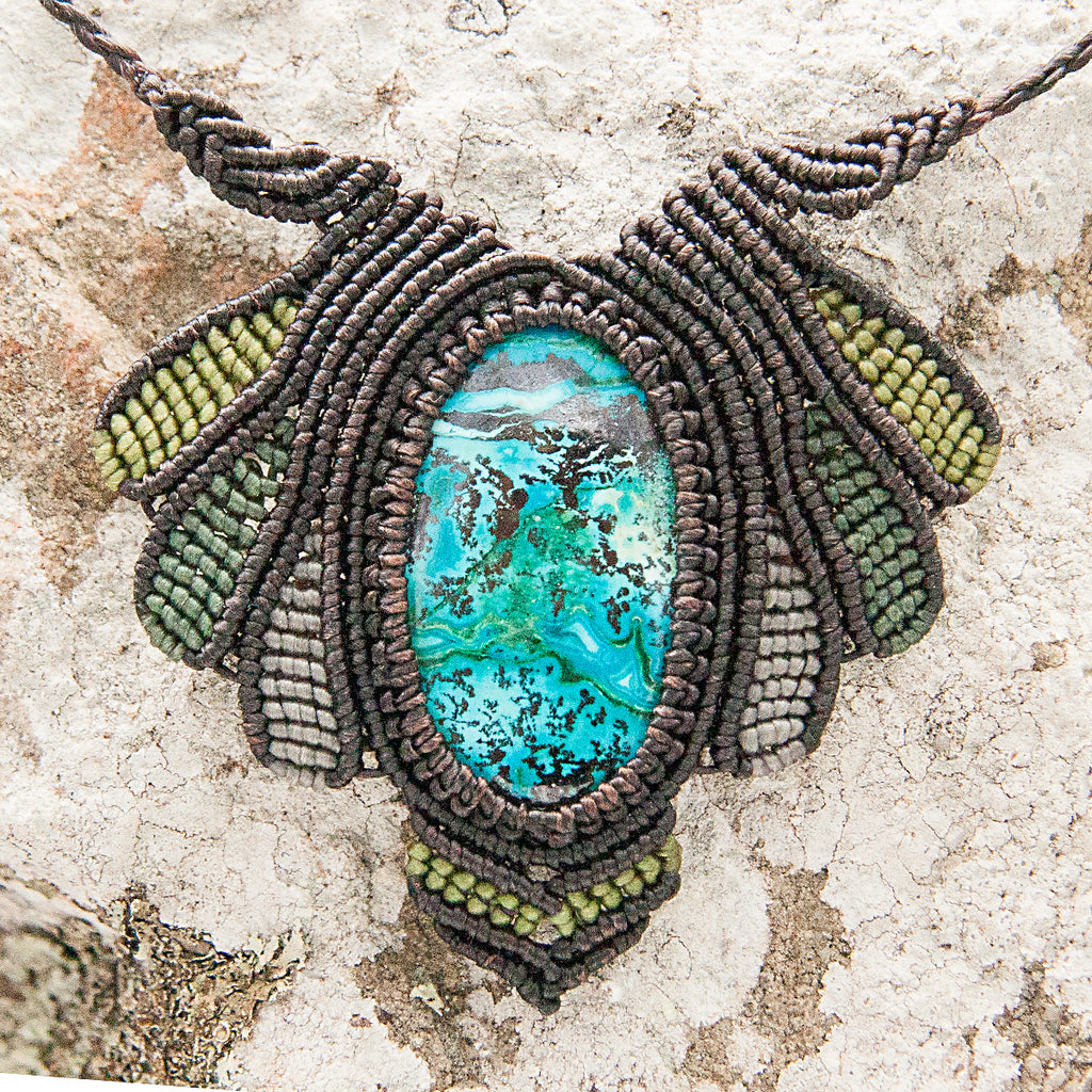 Vishuddha Brown Macrame Pendant necklace with Chrysocolla Gem Stone handmade embroidered artisanal jewellery jewelry front close up