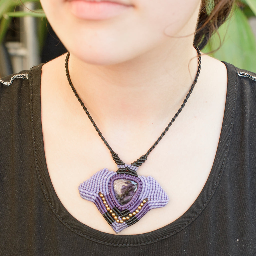 Aura Macrame Pendant necklace with Sugilite Gem Stone handmade embroidered artisanal jewellery jewelry front