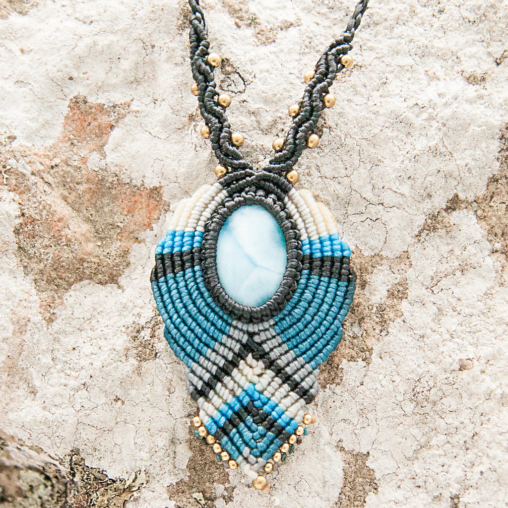 Sunetra Macrame Pendant necklace with Larimar Gem Stone handmade embroidered artisanal jewellery jewelry front close up