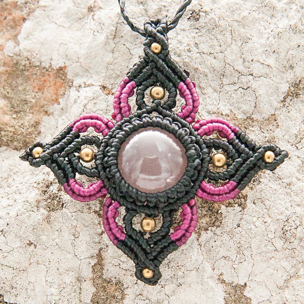 Lotus Macrame Pendant necklace with Amethyst Gem Stone handmade embroidered artisanal jewellery jewelry front close up