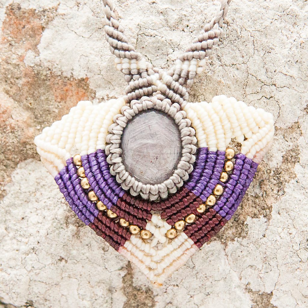 Aura Macrame Pendant necklace with Star Ruby Gem Stone handmade embroidered artisanal jewellery jewelry front close up