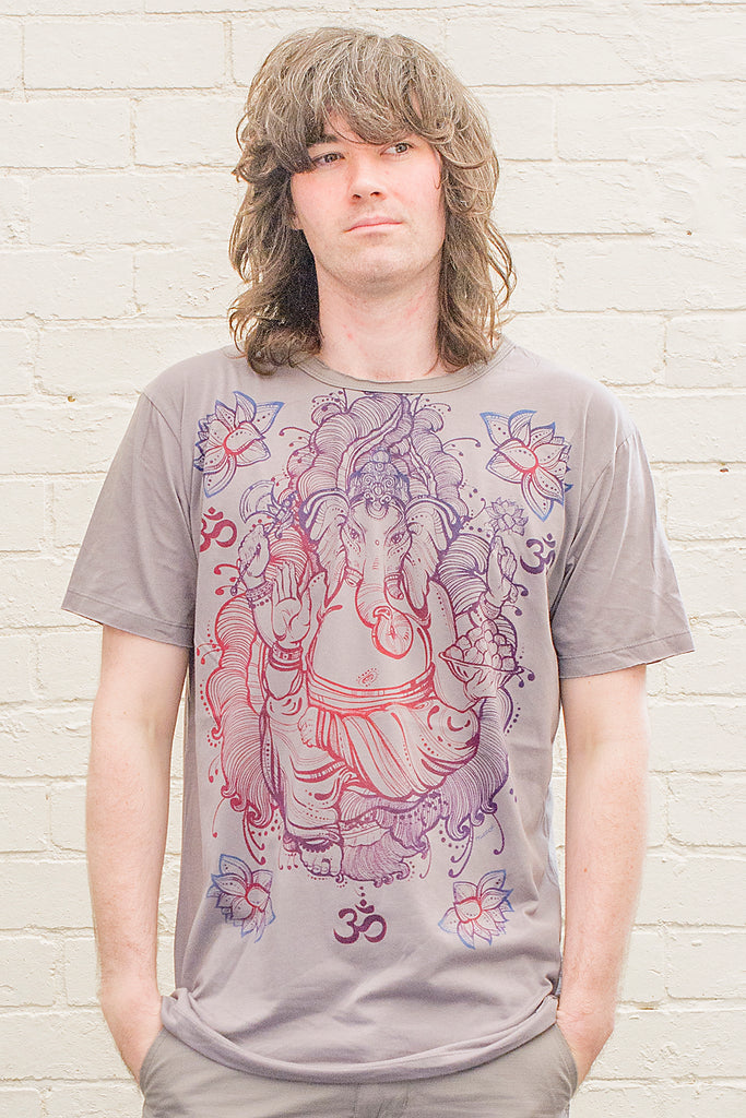 model wearing a grey T-shirt featuring a colourful ganesh line drawing design printed on the front in blue red and purple tones