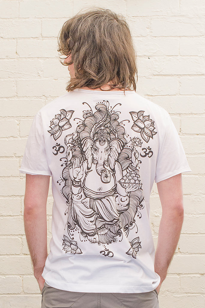 model wearing a white T-shirt featuring a ganesh line drawing design printed in black on the back