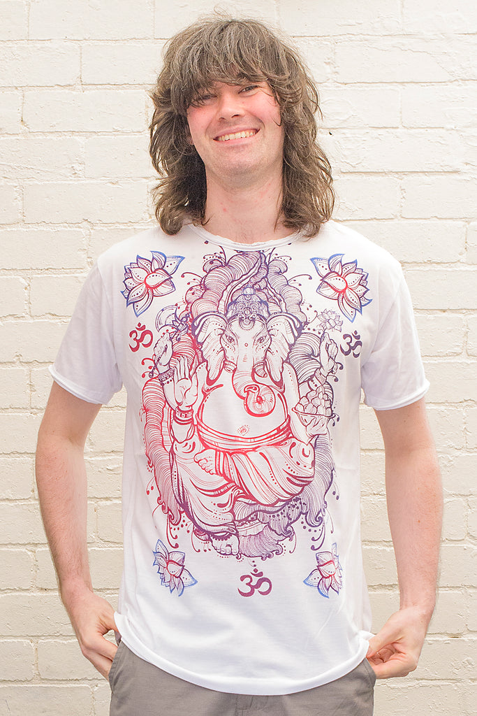 model wearing a white T-shirt featuring a colourful ganesh line drawing design printed on the front in blue red and purple tones