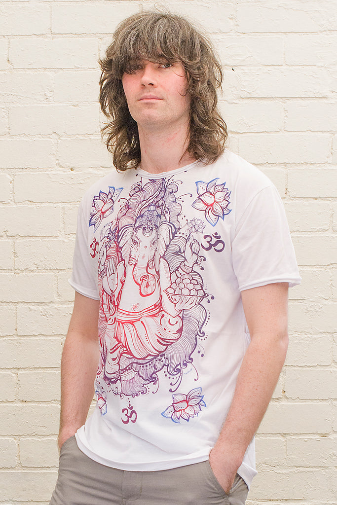 model wearing a white T-shirt featuring a colourful ganesh line drawing design printed on the front in blue red and purple tones