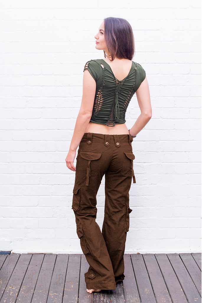 women's Molecule low-cut flared cargo pants in chocolate brown back