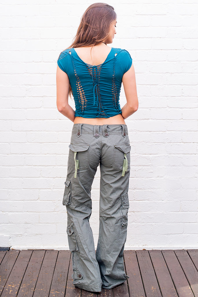 Molecule 45062 Women's Low-Cut Slim-Fit Flared Cargo Pants in Olive Green back