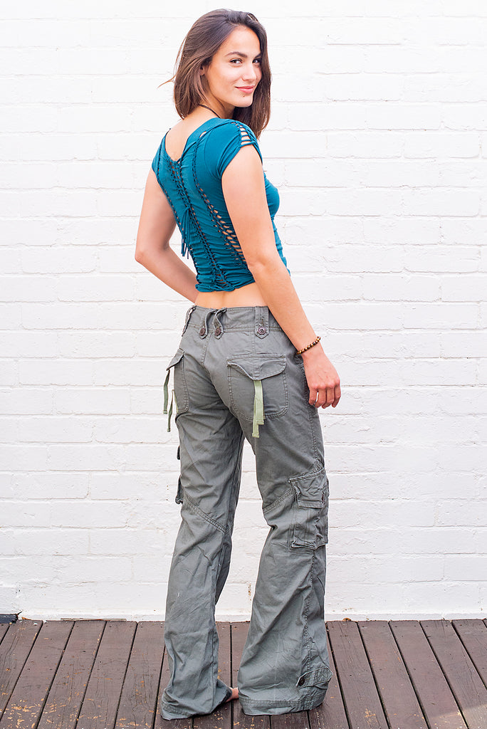 Molecule 45062 Women's Low-Cut Slim-Fit Flared Cargo Pants in Olive Green side